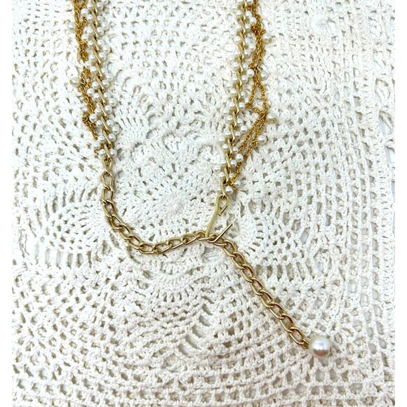 Vintage-Inspired Multi-Strand Gold & Pearl Necklace 38" Total Length - Picture 6 of 12